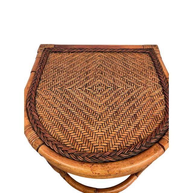 1970s Mid-Century Rattan & Bamboo Accent Table With Woven Wicker Top, Bohemian Style Side Table For Sale - Image 9 of 9