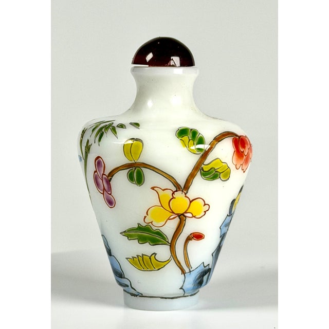 Mid-Century Modern 1950s Stunning Painted Enamel Peking Glass Snuff Bottle With Bird and Flowers For Sale - Image 3 of 7