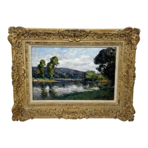 French Impressionist Oil Painting Fisherman on the River Orne, Normandy — C. 1920 Signed by André Prévot-Valéri