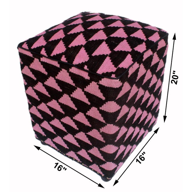 Art Deco Boho Chic Black/Pink Kilim Upholstered Handmade Ottoman For Sale - Image 3 of 8
