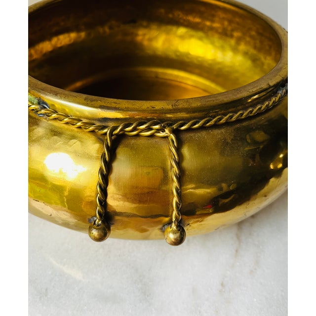 Vintage Hammered Brass Planter or Bowl Featuring a Distinctive Rope and Tassel Design. For Sale - Image 10 of 15