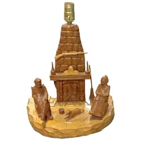 1900 - 1909 Antique Carved Folk Art Fireside Scene Lamp For Sale - Image 5 of 12