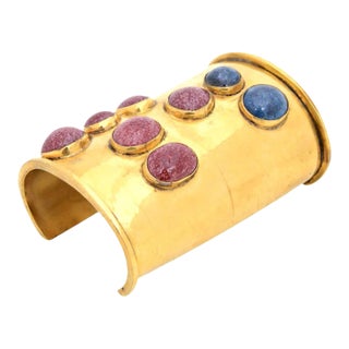 Vintage Rare Signed Mary McFadden Brass, Agate Stone and Lapis Lazuli Wide Cuff Bracelet For Sale