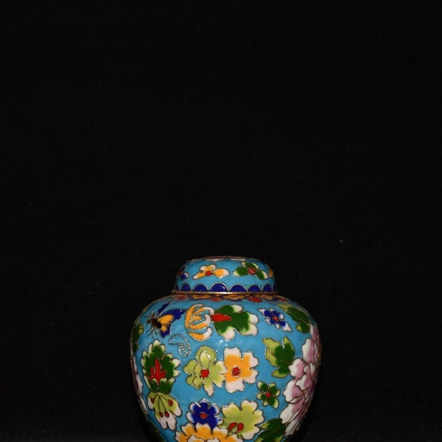 Asian Vintage Cloisonné Enamel Ginger Jar With Peony Motif - Blue Ground For Sale - Image 3 of 9