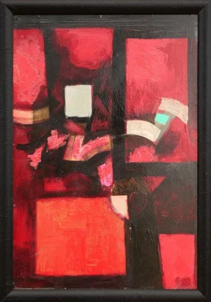 20th Century "Red and Black Cubist With White" Modern Red-Toned Abstract Geometric Painting by David Adickes