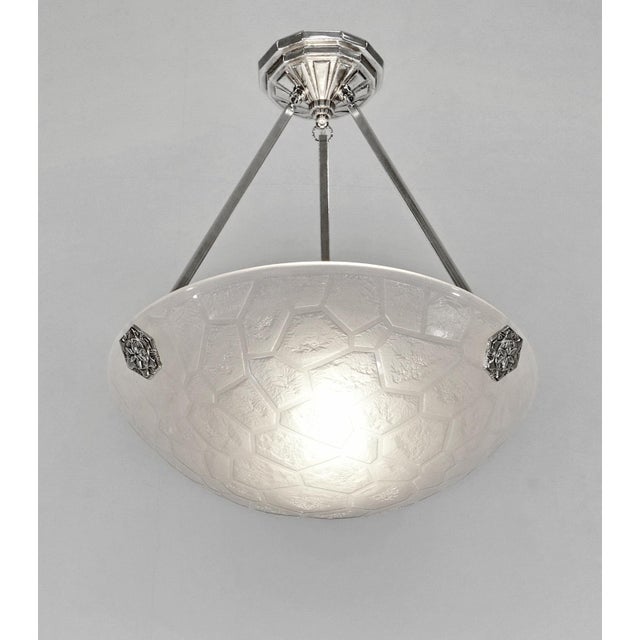 NOVERDY A beautiful French 1925-1930 art deco pendant in nickel plated bronze or solid brass holding a very rare shade in...