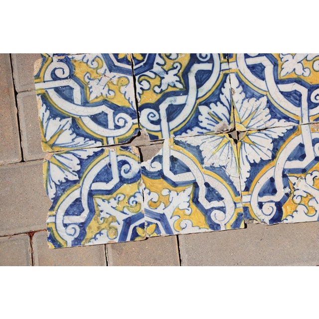 17th Century Portuguese Antique Tiles Set of 40 Blue, Yellow & White Geometric Floral For Sale - Image 6 of 18