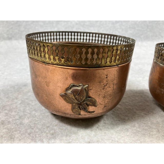 1940s Copper Brass Reticulated Footed Planters With Rose - A Pair For Sale - Image 14 of 18