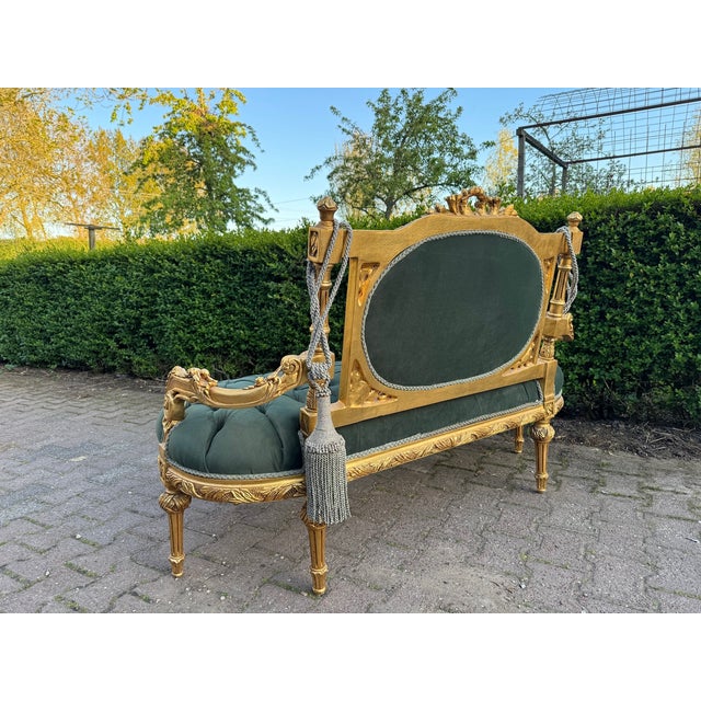1970 French Louis XVI Gold Green Velvet Settee - 1 Pc For Sale - Image 15 of 18