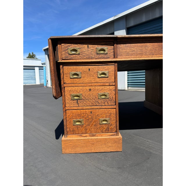 Antique Double Pedestal Partners British Campaign Desk Solid Oak -Rare Antique-Made in England For Sale In San Francisco - Image 6 of 8