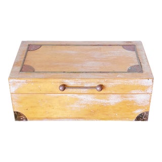 Vintage Large Wood Box With Brass Details and Ball Handle For Sale