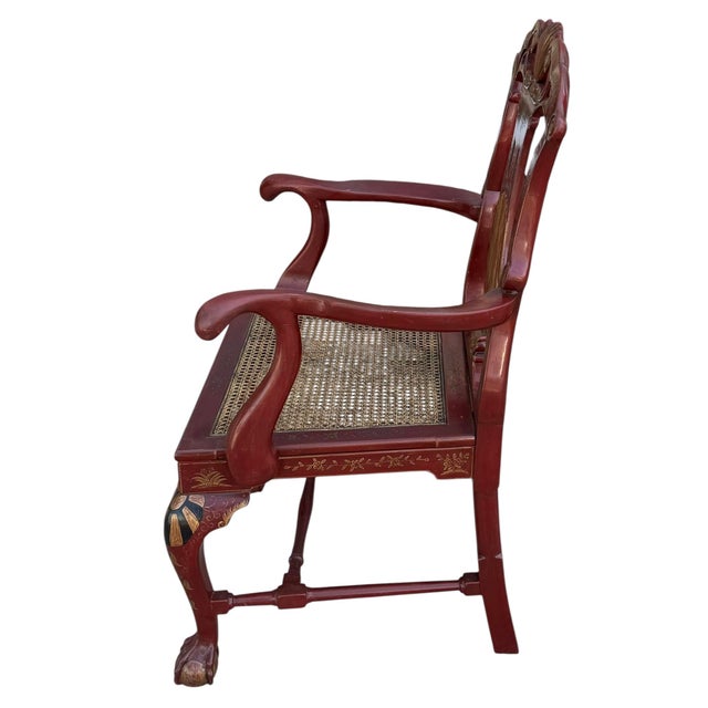 18C Style Giles Grendey Inspired Burton-Ching Red Chinoiserie Arm Chairs - A Pair.