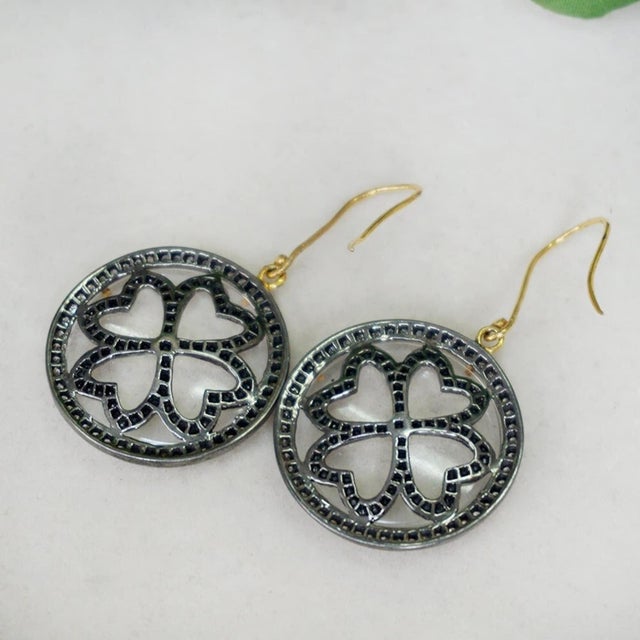 Silver 925 Sterling Silver Natural Black Diamond Earrings 14k Yellow Gold Hook Earring, A Pair For Sale - Image 8 of 10