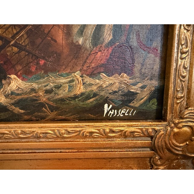 Nautical Italian Vintage Maritime Ship Oil Painting Signed Vasselli Nautical Seascape For Sale - Image 3 of 9