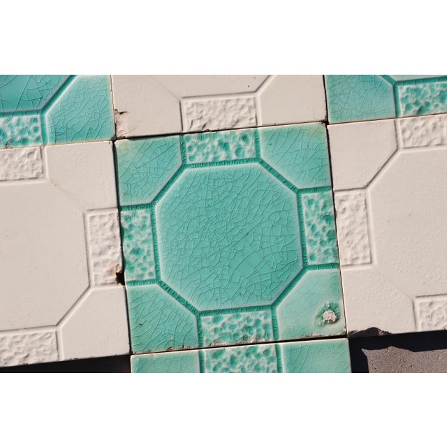 Art Deco Art Deco Set of Seven Large Portuguese Glazed Tiles Mint Green & White Geometric Design c.1910s For Sale - Image 3 of 13