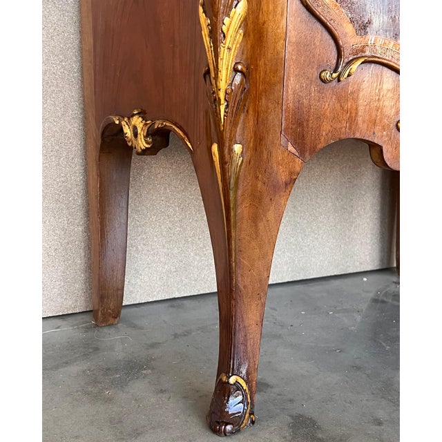 Wood Early 20th Century French Louis XV Marquetry Marble-Top Nightstand or Side Tables, A Pair For Sale - Image 7 of 18