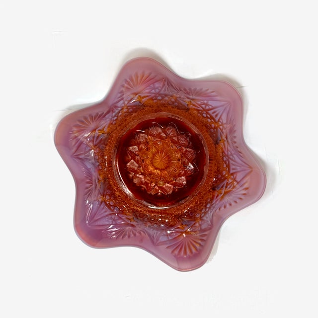 Glass Vintage Dugan Ski Star Peach Opalescent Carnival Glass Ruffled Bowl For Sale - Image 7 of 8