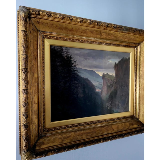 European Continental School Artist, Mountain Landscape with Castle Ruins, 19th Century, Oil Painting on Canvas, Framed For Sale - Image 3 of 5