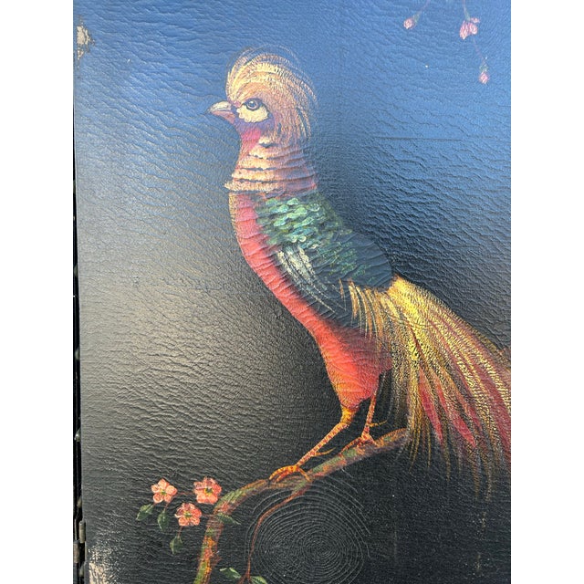 1920s Antique Three Panel Screen With Painted Birds and Flowers. For Sale - Image 5 of 5