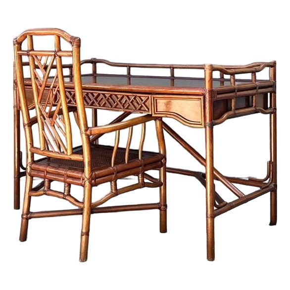 Vintage Brown Jordan Fretwork Rattan Writing Desk and Chair For Sale