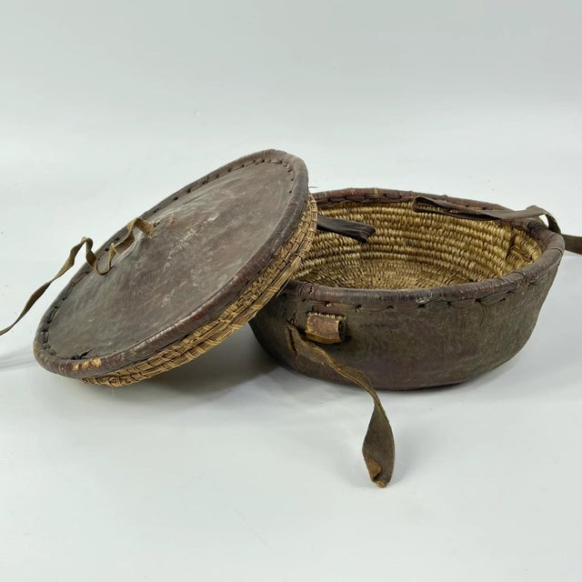 African Early 20th Century Small Mesob Lidded Leather Wrapped Lunch Basket Ethiopia For Sale - Image 3 of 8