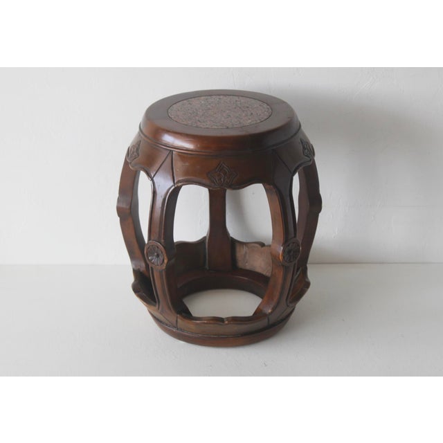 1980s Asian Carved Wood Barrel Stool Plant Stand With Inset Granite Top Vintage For Sale - Image 11 of 18
