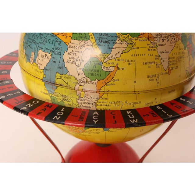 Vintage Replogle Yellow and Red Tin Litho "Globe Grams' Spinning World Globe For Sale - Image 12 of 18