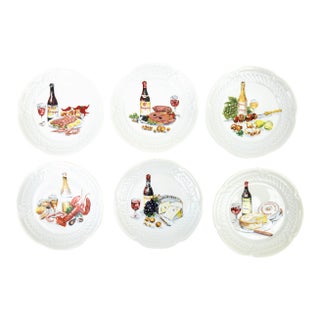 Vintage French Coastal Porcelain Appetizer Plates of Lobster, Wine, Cheese by Lourioux, Set of 6, 1950's For Sale