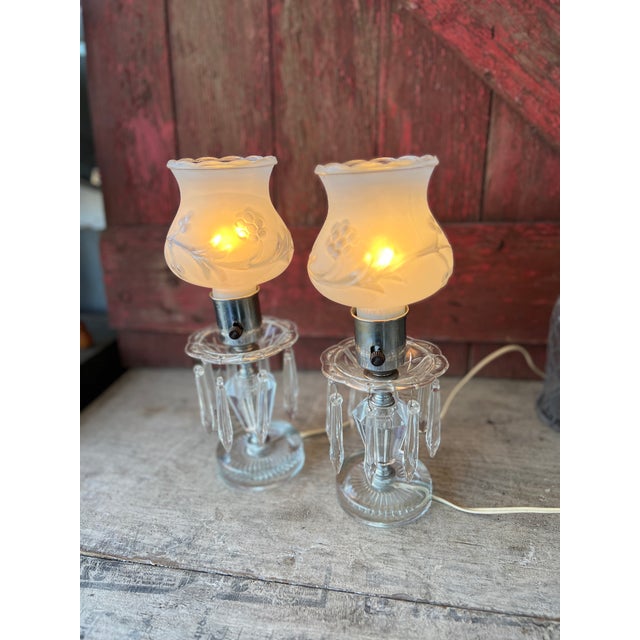 Traditional Pair of Vintage Crystal Boudoir Table Lamps With Frosted Floral Glass Shades For Sale - Image 3 of 18