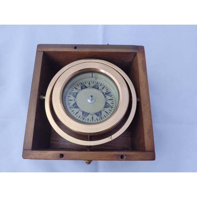 Brass Boat Compass in Varnished Wood Box For Sale In Boston - Image 6 of 9