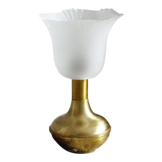 1950s Solid Brass Table Lamp Tulip Milky Glass Shade For Sale