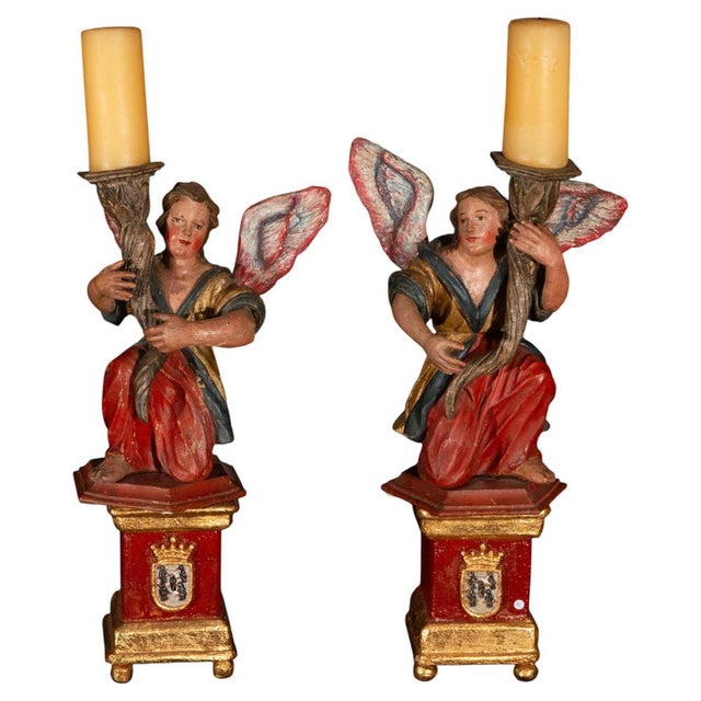 Spanish Baroque Polychrome Angel Torchères on Gilt Pedestals, 1750, Set of 2 For Sale - Image 9 of 9