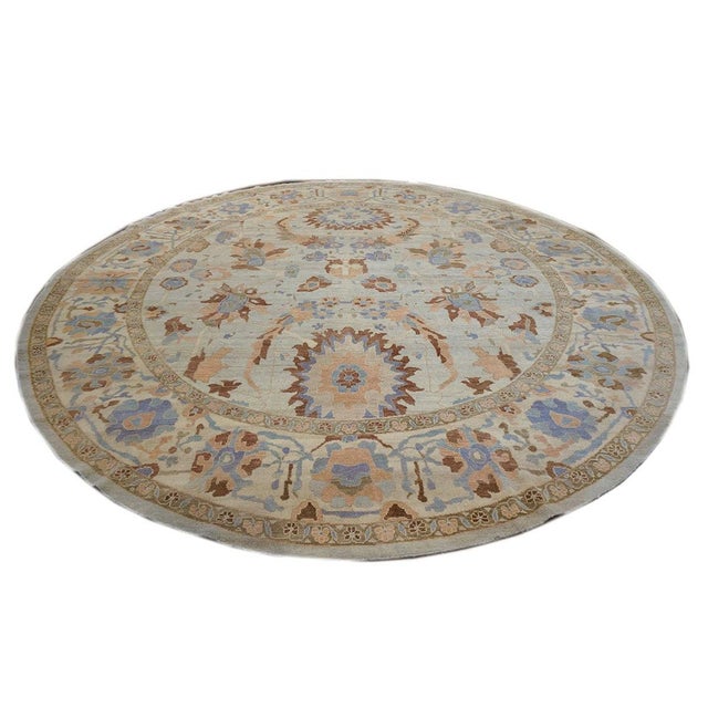 Afghan Sultanabad Master Wool 11x11 Round Ivory, Light Blue & Light Orange Handmade Area Rug #1143252