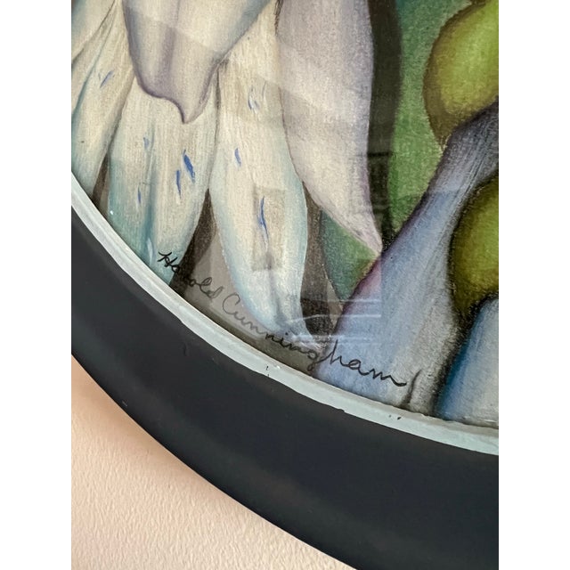 Glass Mid Century Modern Oval 1965 Flower Framed Painting Vintage 1960s - Signed For Sale - Image 7 of 9