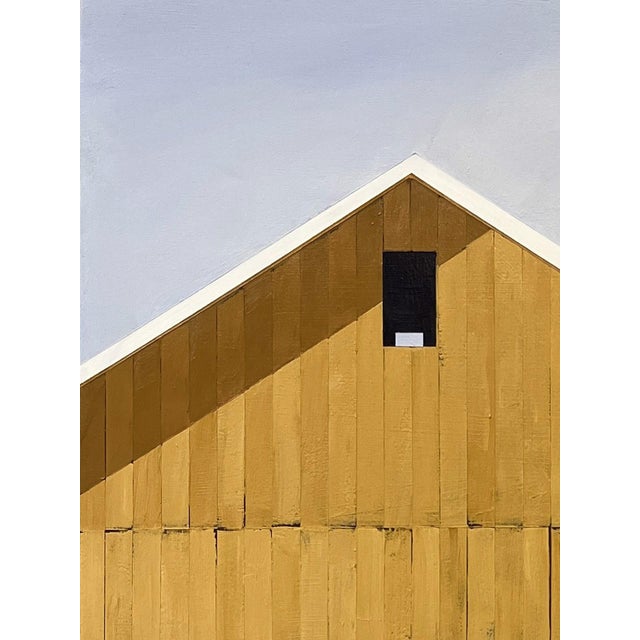 Contemporary Autumn Afternoon by Justin Wheatley | Acrylic on Panel Yellow Barn With Grey Sky For Sale - Image 3 of 8