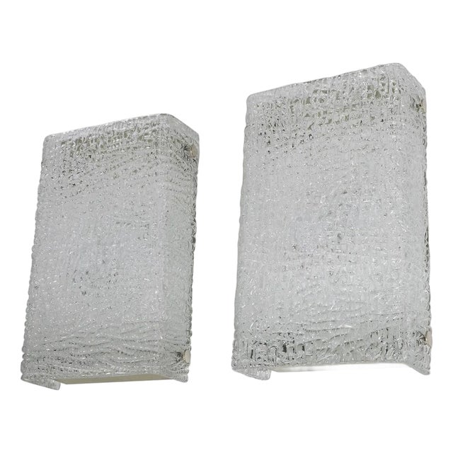 Pair of ice glass sconces by Kaiser For Sale