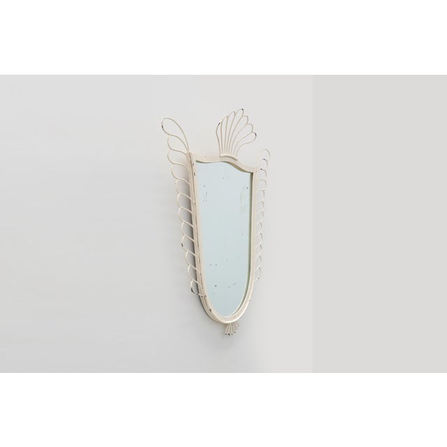 French White Lacquered Metal Mirror with Looped Wire Frame and Fan Crest, 1950s For Sale - Image 6 of 13