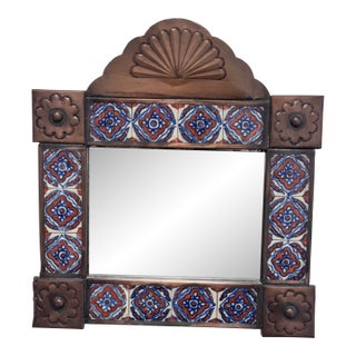 Mexican Folk Art Handcrafted Embossed Tin + Hand Painted Tile Mirror For Sale