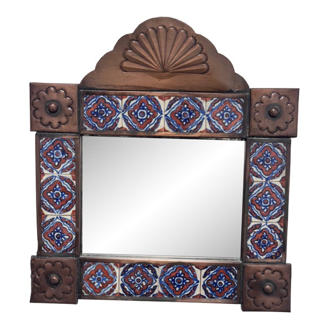 Mexican Folk Art Handcrafted Embossed Tin + Hand Painted Tile Mirror For Sale