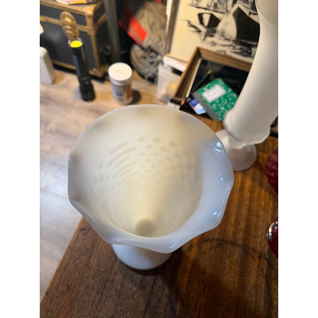 A vintage Anchor Hocking white milk glass hobnail vase- dots and dashes pattern, primarily manufactured between 1959...