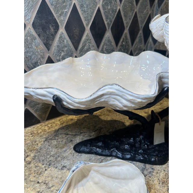 Coastal Rare Pottery Barn “ Under the Sea “ Ceramic Shell Serving Collection With Sculptural Metal Stand - 4 Pieces For Sale - Image 3 of 10