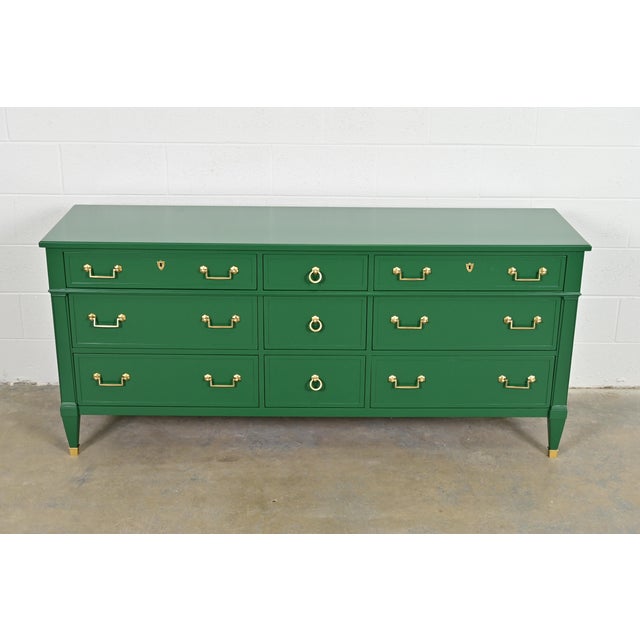 A gorgeous French Regency Louis XVI style long dresser or credenza By Heritage USA, 1960s Green lacquered carved cherry...