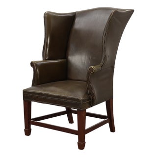 Mid-Century Modern Wing Back Chair in Green Leather, 1980s For Sale