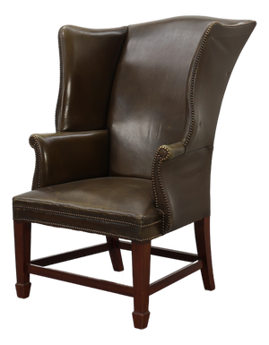 Mid-Century Modern Wing Back Chair in Green Leather, 1980s