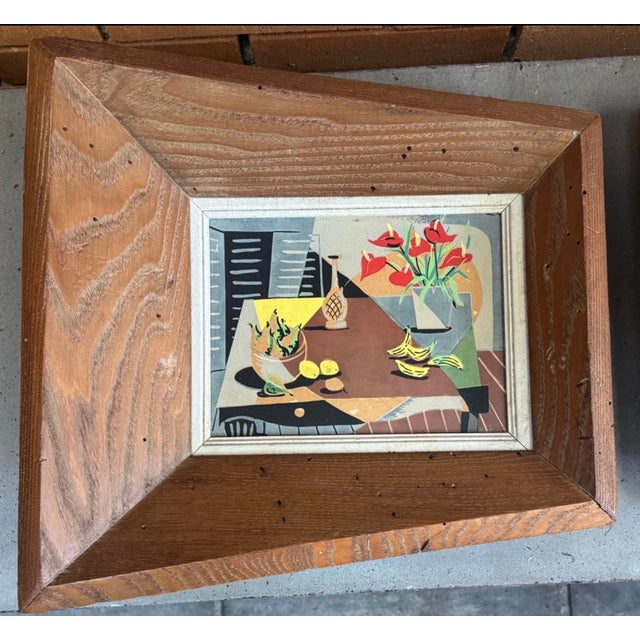 A pair of super cool framed vintage abstract style still life paintings framed within forced perspective wooden frames,...