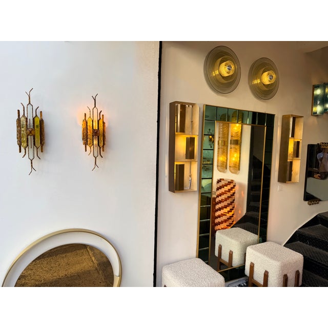 Pair of Hammered Glass Wrought Iron Sconces by Longobard, Italy, 1970s For Sale - Image 6 of 12