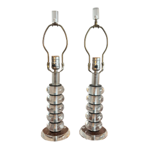 Mid Century Karl Springer Style Stacked Lucite Table Lamps, a Pair