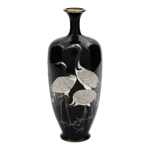Antique Meiji Japanese Cloisonne Enamel Silver Wire Crane Vase