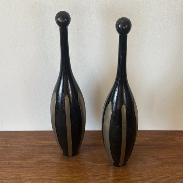 Art Deco Vintage Decorative Turned Wood Clubs With Brass Detail, a Pair For Sale - Image 3 of 6