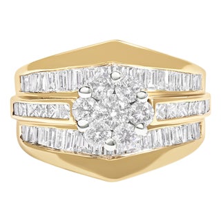 14K Yellow Gold 2-1/3 Cttw Diamond Cluster Channel Set Chevron Shaped Band Engagement Ring & Wedding Band Set (H-I Color, SI1-SI2 Clarity)- Size 5 For Sale